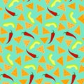 Bright seamless pattern with nachos, avocado and chili pepper on blue background