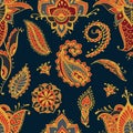 Bright seamless pattern with paisley mehndi elements. Hand drawn wallpaper with floral traditional indian ornament on