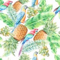 Bright seamless pattern with parrots leaves and fruits. Palm. Pineapple. Grapes. Watercolor illustration.