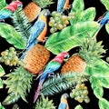 Bright seamless pattern with parrots leaves and fruits. Palm. Pineapple. Grapes. Watercolor illustration.