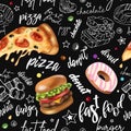 Bright seamless pattern pepperoni pizza, burgers, chocolate, donut, lettering. Chalk board. No Diet Day. Trendy graphic