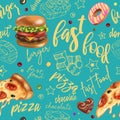 Bright seamless pattern pepperoni pizza, burgers, chocolate, donut, lettering. Chalk board. No Diet Day. Trendy graphic