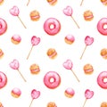 Bright seamless pattern with pink donuts, lollipops and strawberry profiteroles