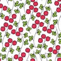 Bright seamless pattern with red berries and green leaves