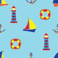 Bright seamless pattern with sea elements in doodle style. Royalty Free Stock Photo