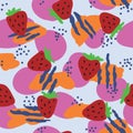 Bright seamless pattern with strawberries, lines, dots and dots.