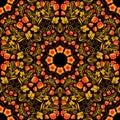 Bright seamless pattern in the style Khokhloma. Golden flowers, leaves and berries on a black background. Royalty Free Stock Photo