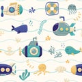 Bright seamless pattern with submarines and marine inhabitants. Designed for printing, fabrics, textiles, postcards.