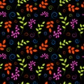 Bright seamless pattern of twigs and leaves on a black background.