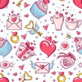 Bright seamless pattern with valentines day and love objects in doodle style on white background Royalty Free Stock Photo