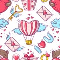 Bright seamless pattern with valentines day and love objects in doodle style on white background Royalty Free Stock Photo