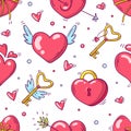 Bright seamless pattern with valentines day and love objects in doodle style on white background Royalty Free Stock Photo