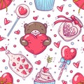 Bright seamless pattern with valentines day and love objects in doodle style on white background Royalty Free Stock Photo