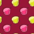 Bright seamless pattern with yellow and pink simple pear silhouettes print. Summer food backdrop