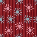 Bright seamless random pattern with pink and blue sun ornament. Red striped background Royalty Free Stock Photo