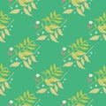 Bright seamless spring pattern with floral ornament. Forest brunch bouquets in green and yellow tones on turquoise background Royalty Free Stock Photo