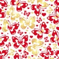 Bright seamless spring pattern with red and gold butterflies and hearts