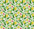 Bright seamless summer pattern, simple beautiful floral print. Yellow with orange flowers, green leaves, white background