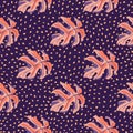 Bright seamless tropic pattern with monstera silhoettes. Purple background with dots and pink botanic elements