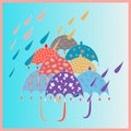 Bright seamless with umbrellas and rain, showers with living coral colours. april showers