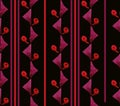 Bright seamless vertical red-purple geometric and floral pattern on a black background. Watercolor.