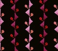 Bright seamless vertical red-purple geometric and floral pattern on a black background. Watercolor.