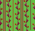 Bright seamless vertical red-purple geometric and floral pattern on a green background. Watercolor.