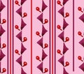 Bright seamless vertical red-purple geometric and floral pattern on a pink background. Watercolor.