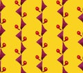 Bright seamless vertical red-purple geometric and floral pattern on a yellow background. Watercolor.