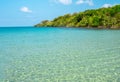 Bright seascape background on sunny day. Summer background with tropical tree, island, clear sea water and open blue sky on. Royalty Free Stock Photo