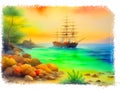 Bright seascape with a three-masted schooner in a watercolor style. (Additional PNG format).