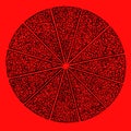 Bright segmented mandala on a red background.