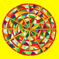 Bright segmented mandala on a yellow background.