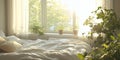 Bright, Serene Bedroom with Lush Green Plants and Sunlight Streaming Through Large Windows