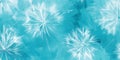 A bright, serene blue background featuring abstract dandelion-like patterns floating in the design.