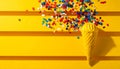 Bright series, confetti and cone yellow background, solid line. Royalty Free Stock Photo