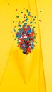 Bright series, confetti and cone yellow background, solid line. Royalty Free Stock Photo