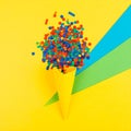 Bright series, confetti and cone yellow background, solid line. Royalty Free Stock Photo