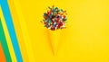 Bright series, confetti and cone yellow background, solid line. Royalty Free Stock Photo
