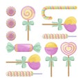 A bright set consisting of colorful candies and lollipops. Candy dragees. Juicy lollipops on a stick of different shapes Royalty Free Stock Photo