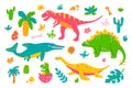 Bright set of dinosaurs and plants on white background in hand drawn style, vector childrens flat illustration Royalty Free Stock Photo