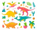 Bright set of dinosaurs and plants on white background in hand drawn style, vector childrens flat illustration Royalty Free Stock Photo