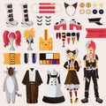 Bright set with subculture of japanese harajuku street fashion, couple in visual kei style with accessories for cosplay and creati