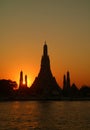 The Bright Setting Sun Beam Shining Through the Silhouette of the Temple of Dawn or Wat Arun, the Best Known Landmark of Thailand