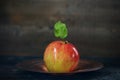 Bright and shiney crab apple with attached leaf on a plate