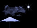Bright shining star, white clouds silhouette and sunshade beach umbrella on dark black sky background illustration.