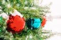 Bright shiny big Christmas balls on the Christmas tree. Background of huge shiny multicolored bright balls