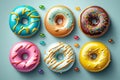 Bright shiny fresh donuts on a blue background. Generative AI