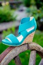 Bright shoes, women's sandals, shoes in the garden