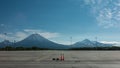 Bright signal signs are installed on the concrete runway of the airport.